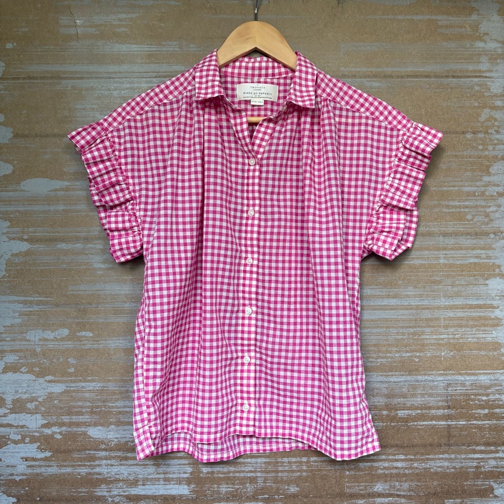 Trovata Pink and White Gingham Button-Front Blouse
